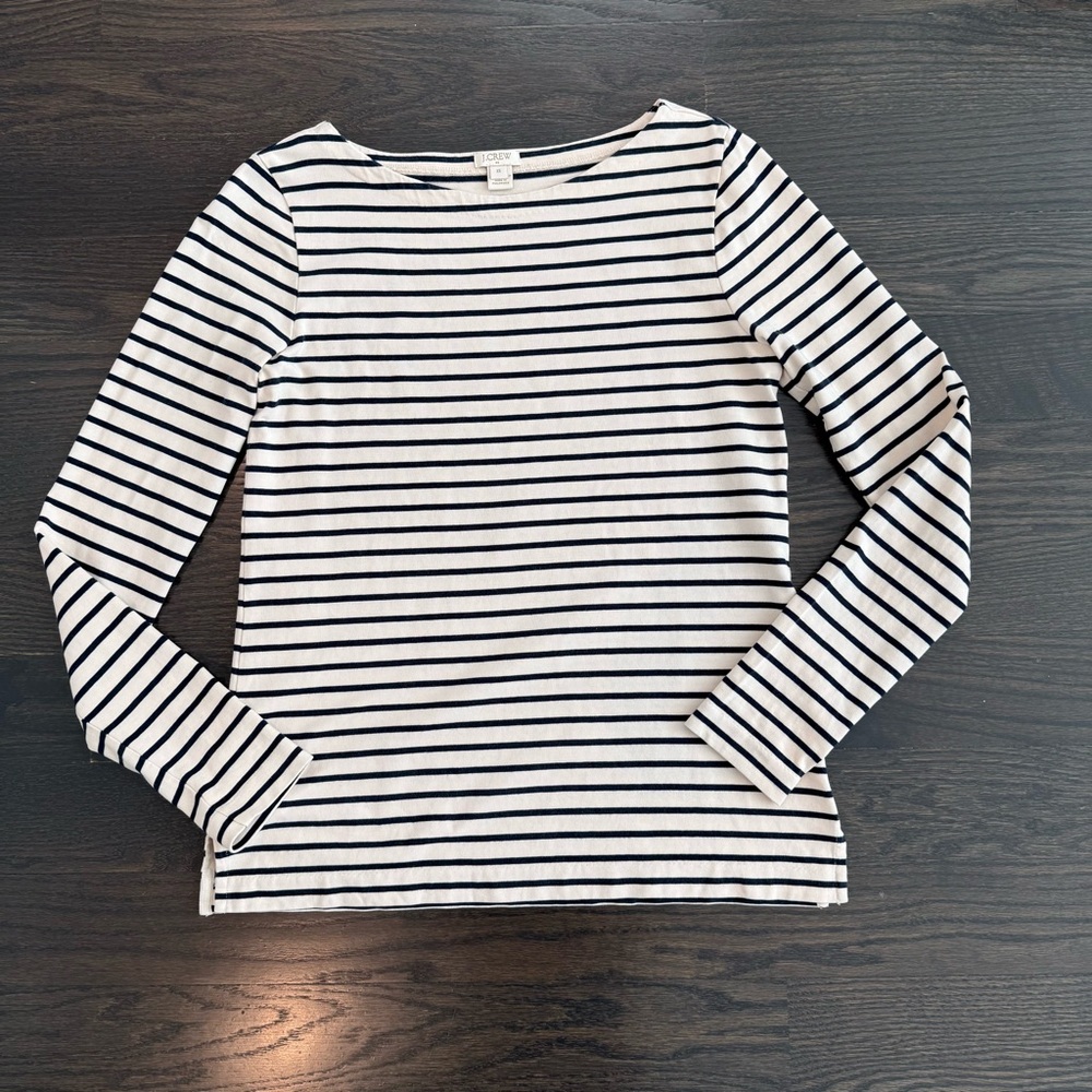 J. Crew Navy and White Striped Boatneck Top